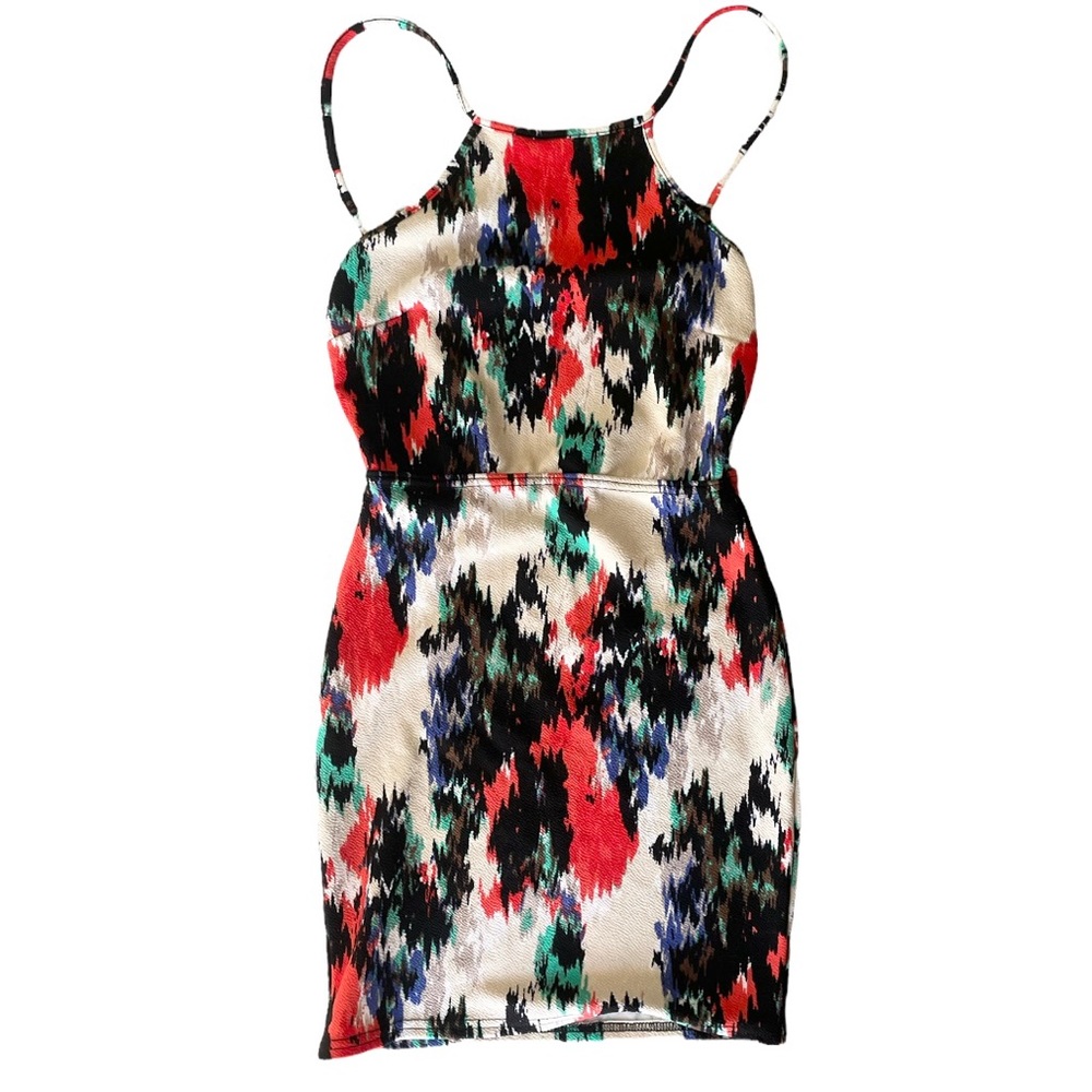 BooHoo Cream Multicolored High Neck Open Back Mini Sleeveless Dress NWOT - Picture 1 of 10